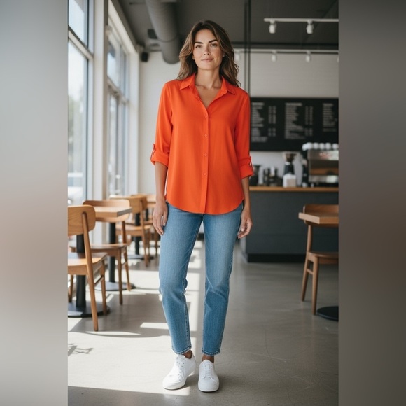 Massimo 🔥 beautiful red/orange color- button down dress blouse - Size Medium - Picture 6 of 6